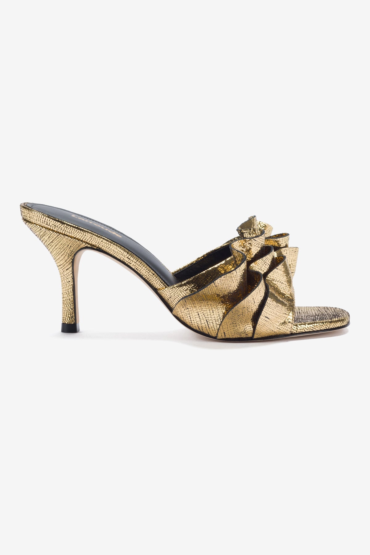 Colette Ruffle Mule In Gold Cracked Metallic Leather