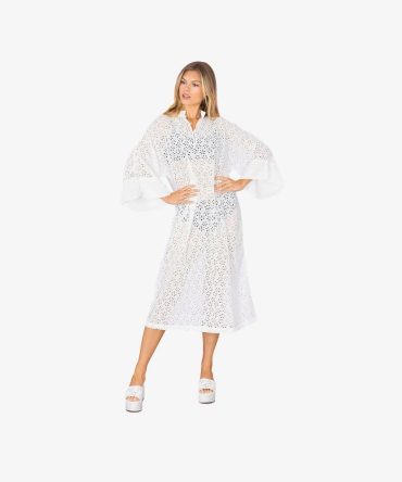 Larroudé X La Vie Style Long Caftan In Light White Laser Cut Daisies