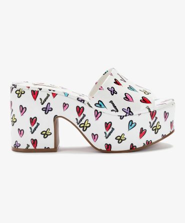 Miso Platform Sandal In White Heart Printed Leather