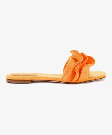 Ivy Ruffle Flat Mule In Mango Raffia