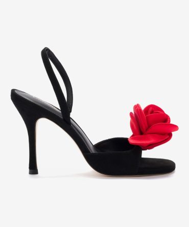 Salma Sandal In Black Suede and Scarlet Satin