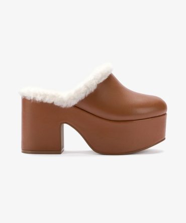 Miso Platform Clog In Caramel Leather and Natural Shearling