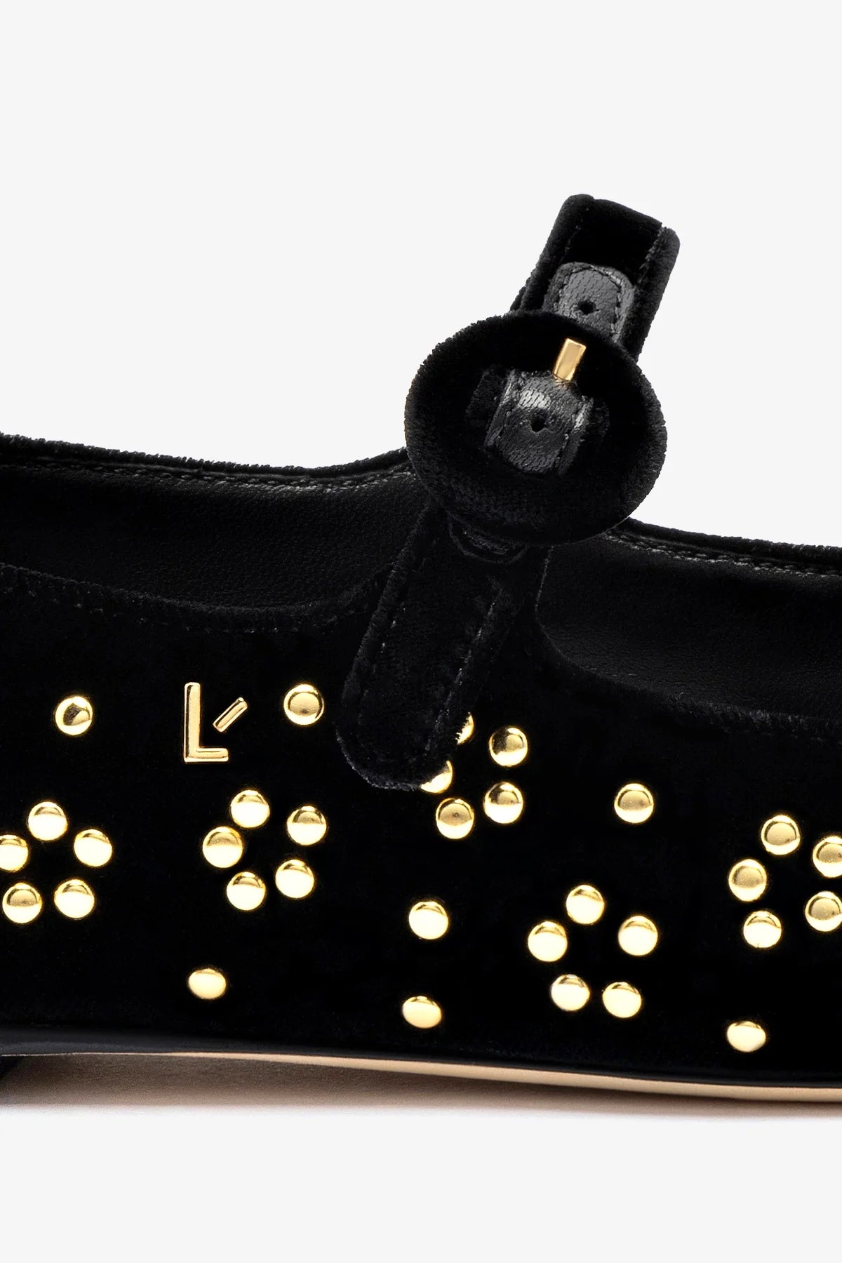 Blair Ballet Flat In Black Velvet and Gold Studs - Image 4