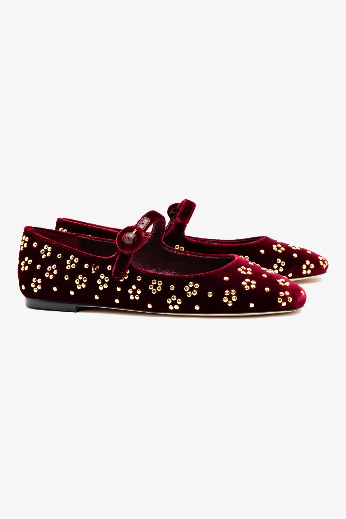 Blair Ballet Flat In Wine Velvet and Gold Studs - Image 2