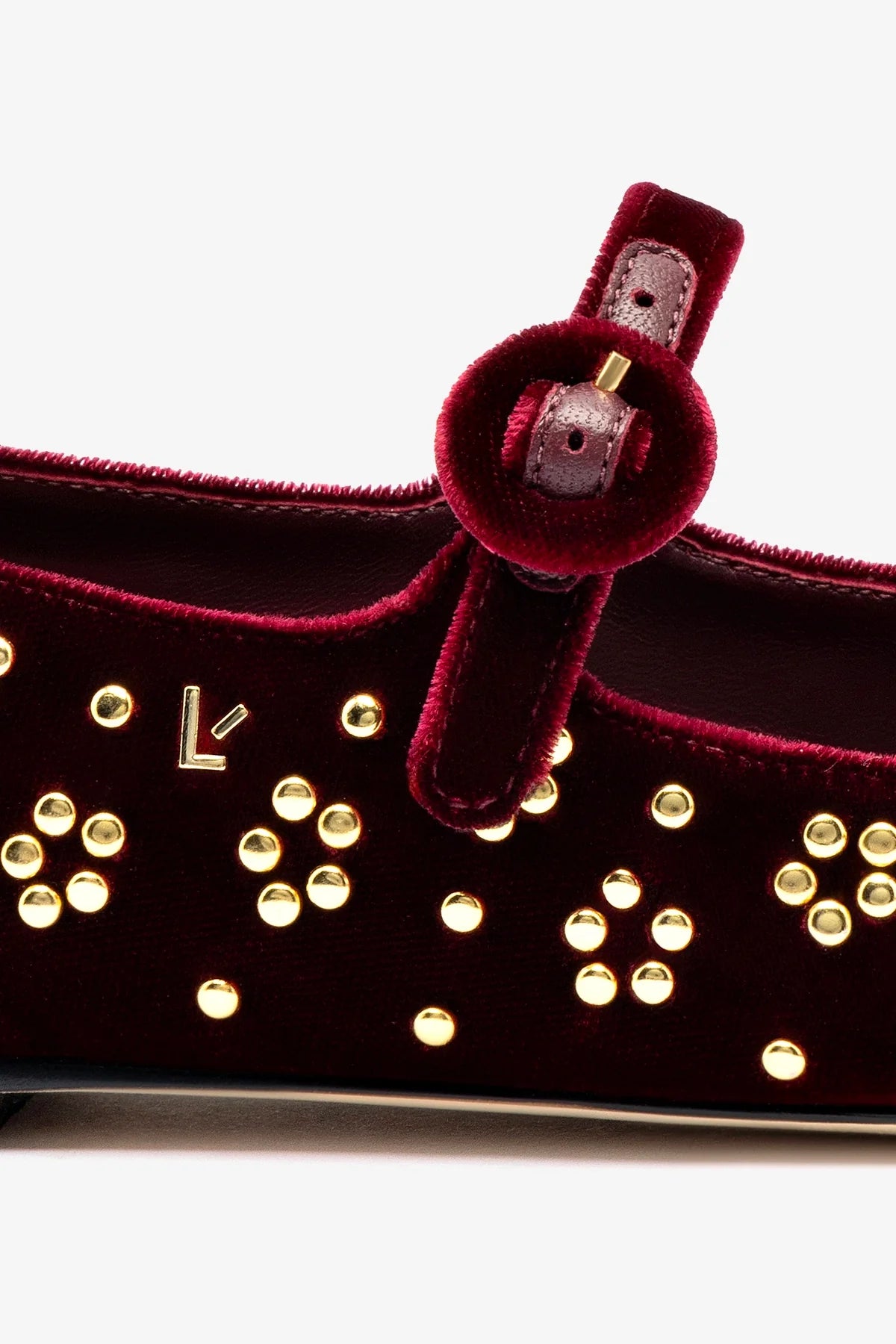 Blair Ballet Flat In Wine Velvet and Gold Studs - Image 4