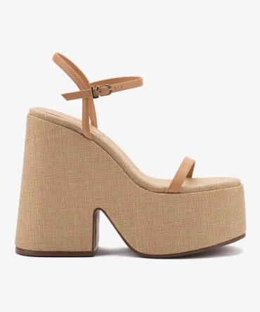Wanda Platform Sandal In Tan Leather and Raffia