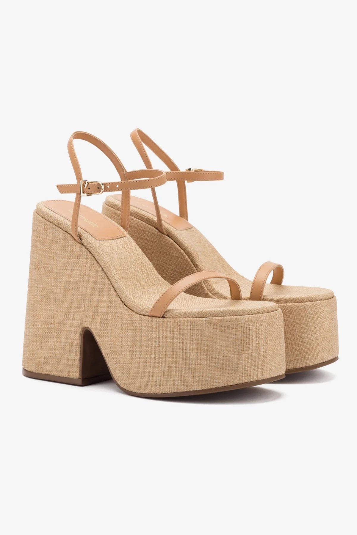 Wanda Platform Sandal In Tan Leather and Raffia - Image 2