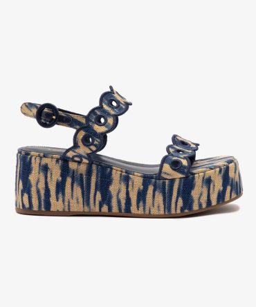 Florence Broderie Flatform Sandal In Tie Dye Beige and Navy Raffia