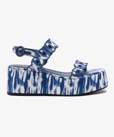 Florence Broderie Flatform Sandal In Tie Dye Blue Raffia