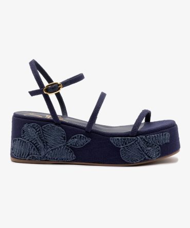 Gio Flatform In Navy Raffia and Hibiscus Embroidery