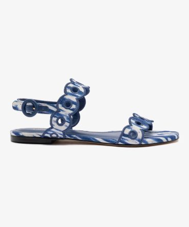 Florence Broderie Flat Sandal In Tie Dye Blue Raffia