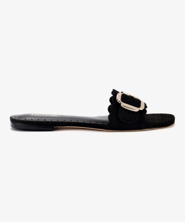 Ivy Broderie Flat Mule In Black Raffia