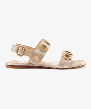 Milan Flat Sandal In Beige Printed Raffia