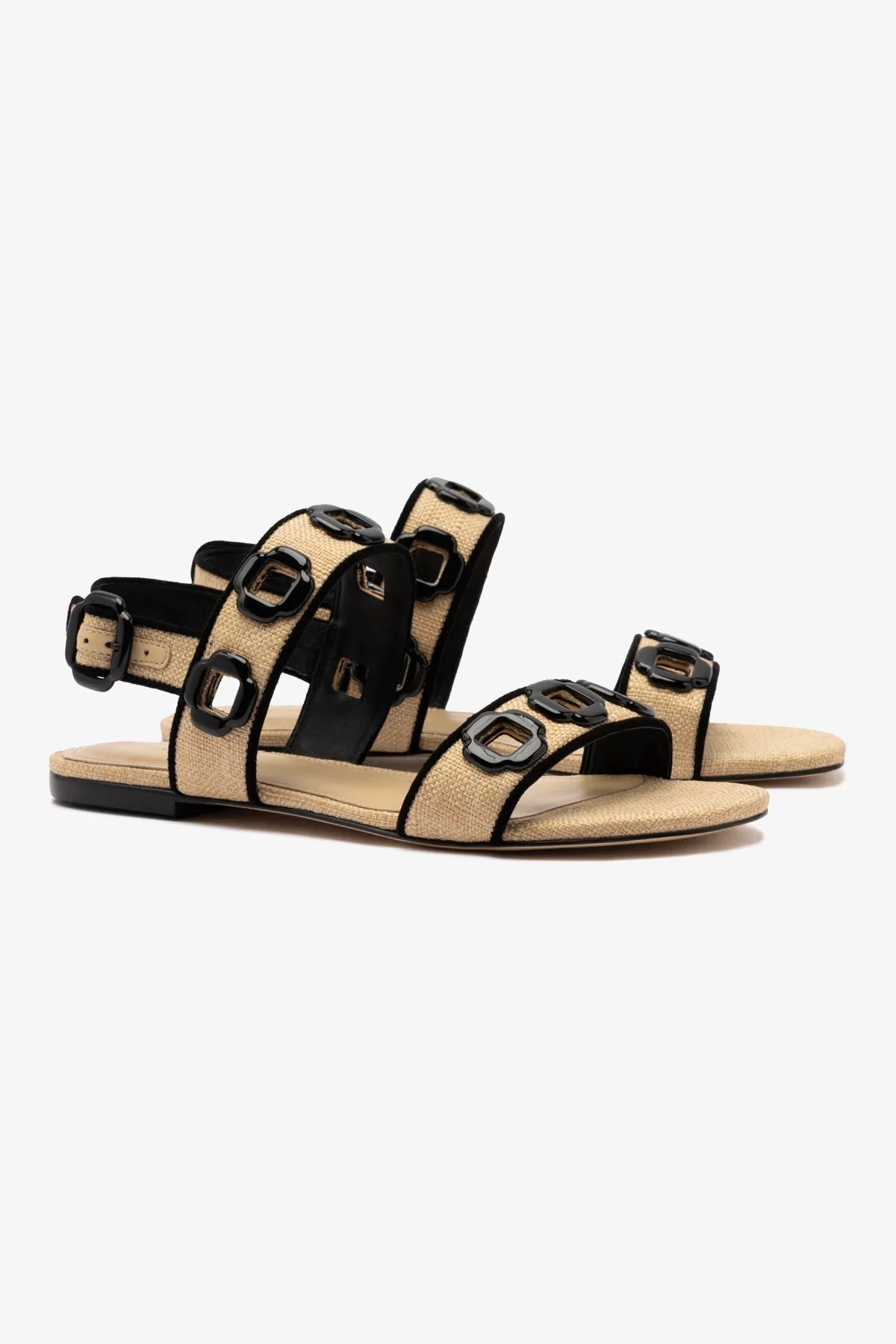 Milan Flat Sandal In Beige Raffia and Black Trimming - Image 2