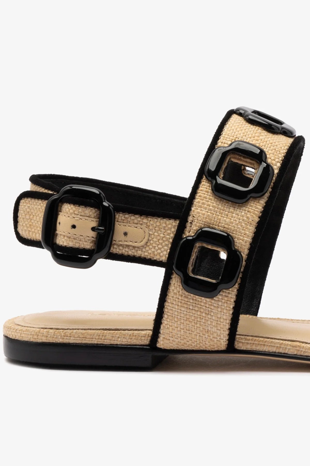 Milan Flat Sandal In Beige Raffia and Black Trimming - Image 4