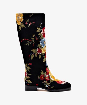 Larroudé x Markarian Flat Boot In Black Wool and Floral Embroidery