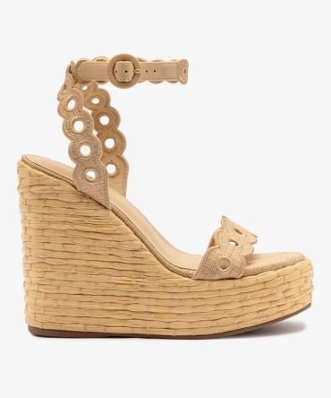 Florence Broderie Wedge In Beige Raffia