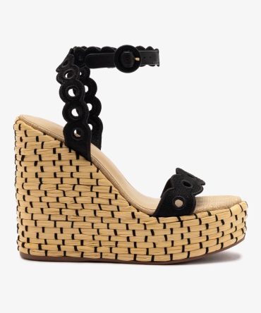 Florence Broderie Wedge In Beige and Black Raffia