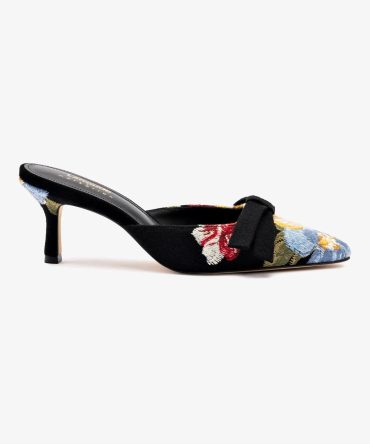 Larroudé x Markarian Mule In Black Wool and Floral Embroidery