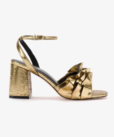 Selena Ruffle Sandal In Gold Cracked Metallic Leather