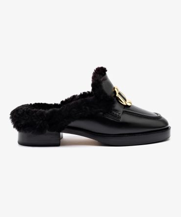 Bobbie Mule In Black Leather and Black Shearling