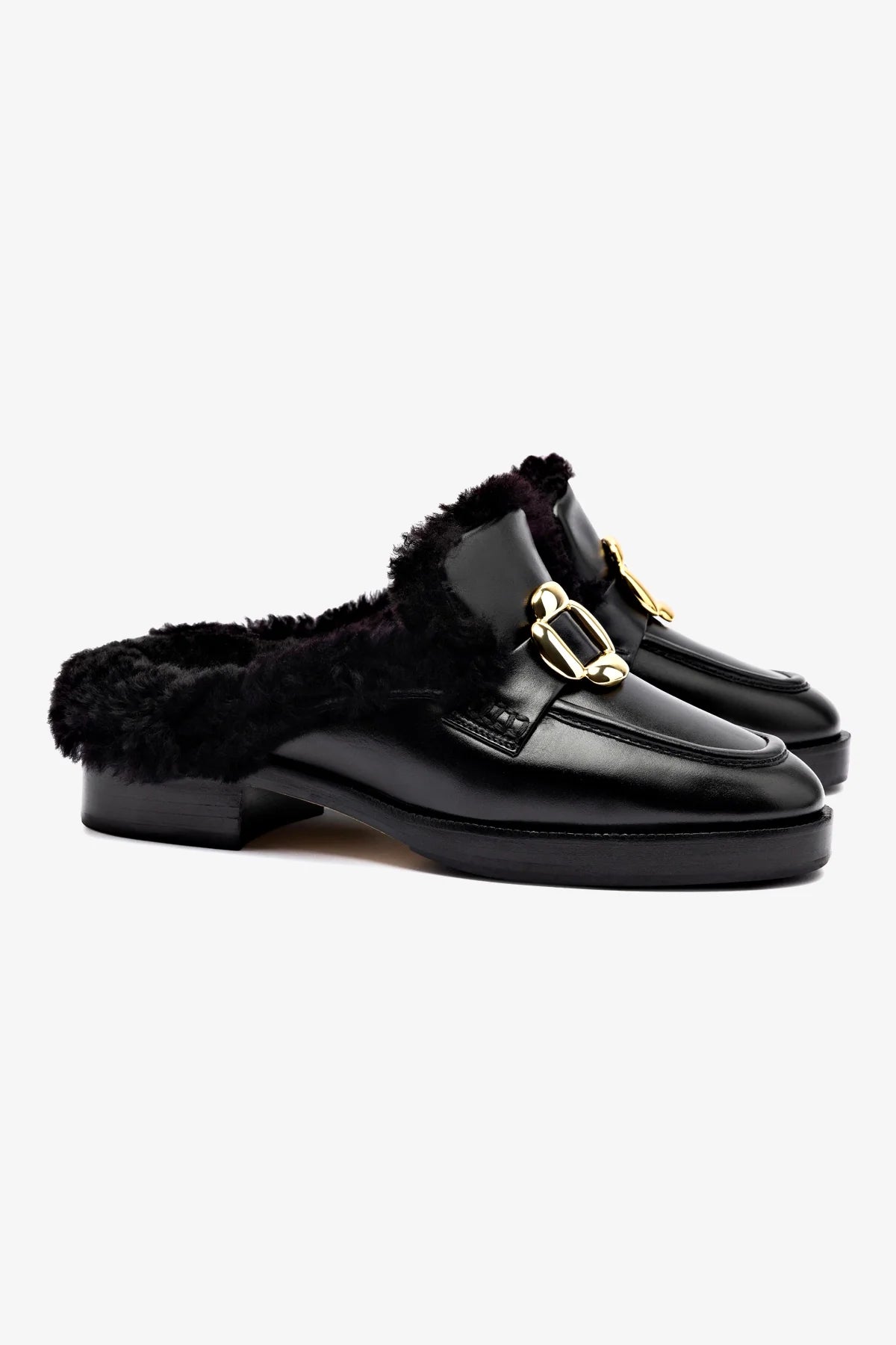Bobbie Mule In Black Leather and Black Shearling - Image 2