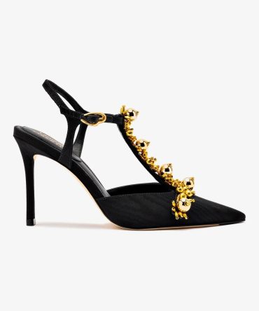 Larroudé x Libertine Pump In Black Fabric and Golden Balls