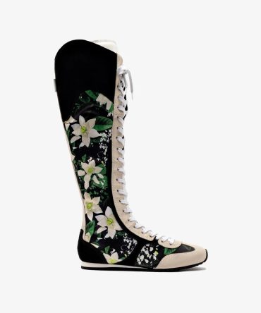 Larroudé x Jonathan Cohen Flat Hi Sneaker Boot In Black Gardenias Satin And Black Suede