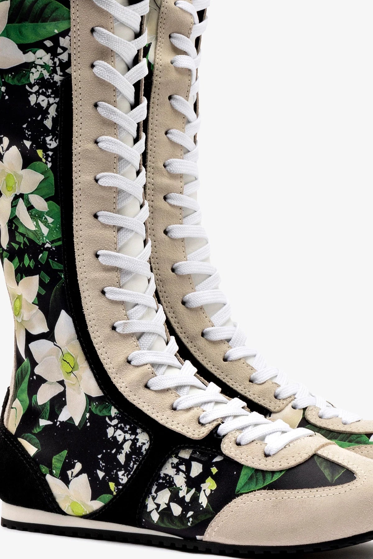 Larroudé x Jonathan Cohen Flat Hi Sneaker Boot In Black Gardenias Satin And Black Suede - Image 4