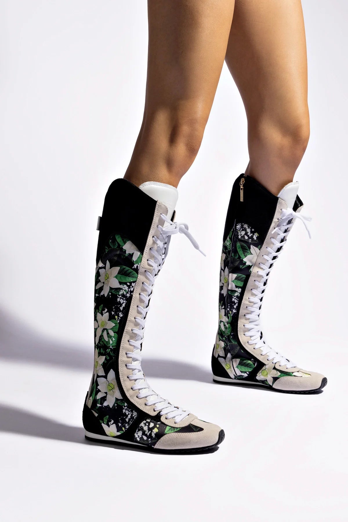 Larroudé x Jonathan Cohen Flat Hi Sneaker Boot In Black Gardenias Satin And Black Suede - Image 5