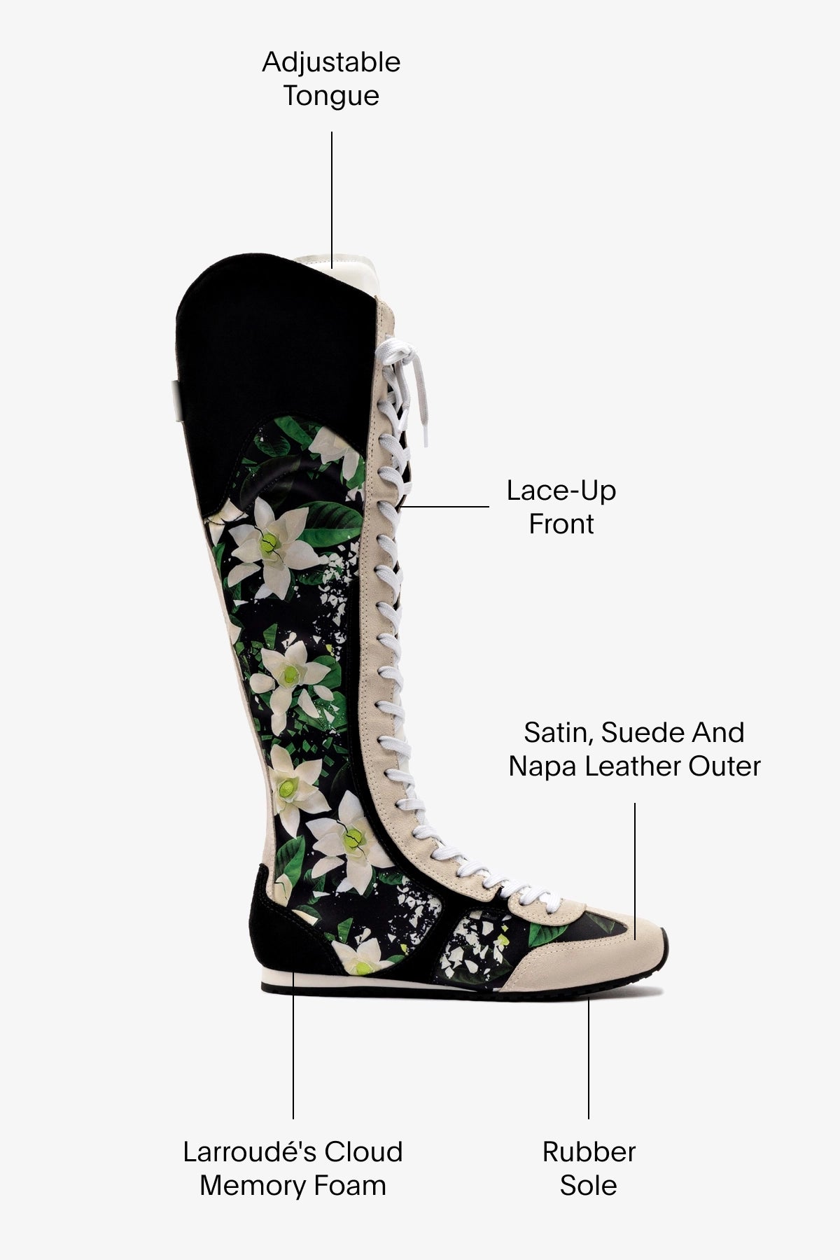 Larroudé x Jonathan Cohen Flat Hi Sneaker Boot In Black Gardenias Satin And Black Suede - Image 6