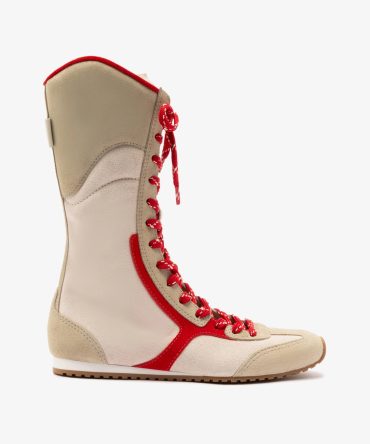 Larroudé x Jonathan Cohen Flat Lo Sneaker Boot In Ivory, Oyster Grey and Scarlet Suede