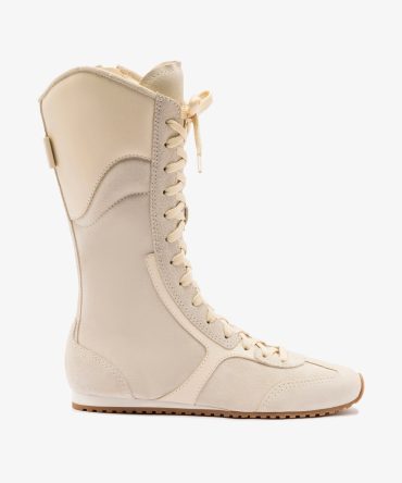 Larroudé x Jonathan Cohen Flat Lo Sneaker Boot In Mushroom Grey Suede and Ivory Leather