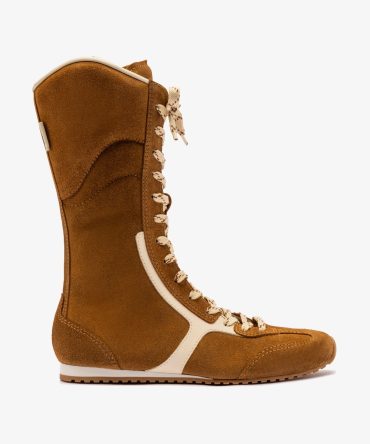 Larroudé x Jonathan Cohen Flat Lo Sneaker Boot In Russet Suede and Ivory Leather