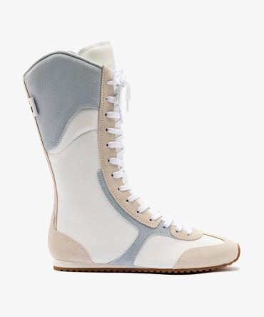 Larroudé x Jonathan Cohen Flat Lo Sneaker Boot In White Leather, Maya and Mushroom Grey Suede