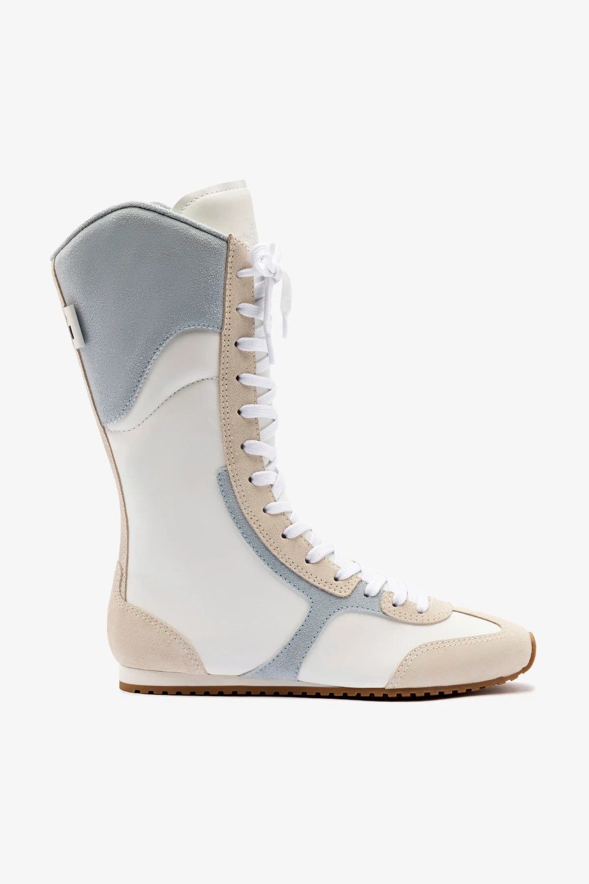 Larroudé x Jonathan Cohen Flat Lo Sneaker Boot In White Leather, Maya and Mushroom Grey Suede