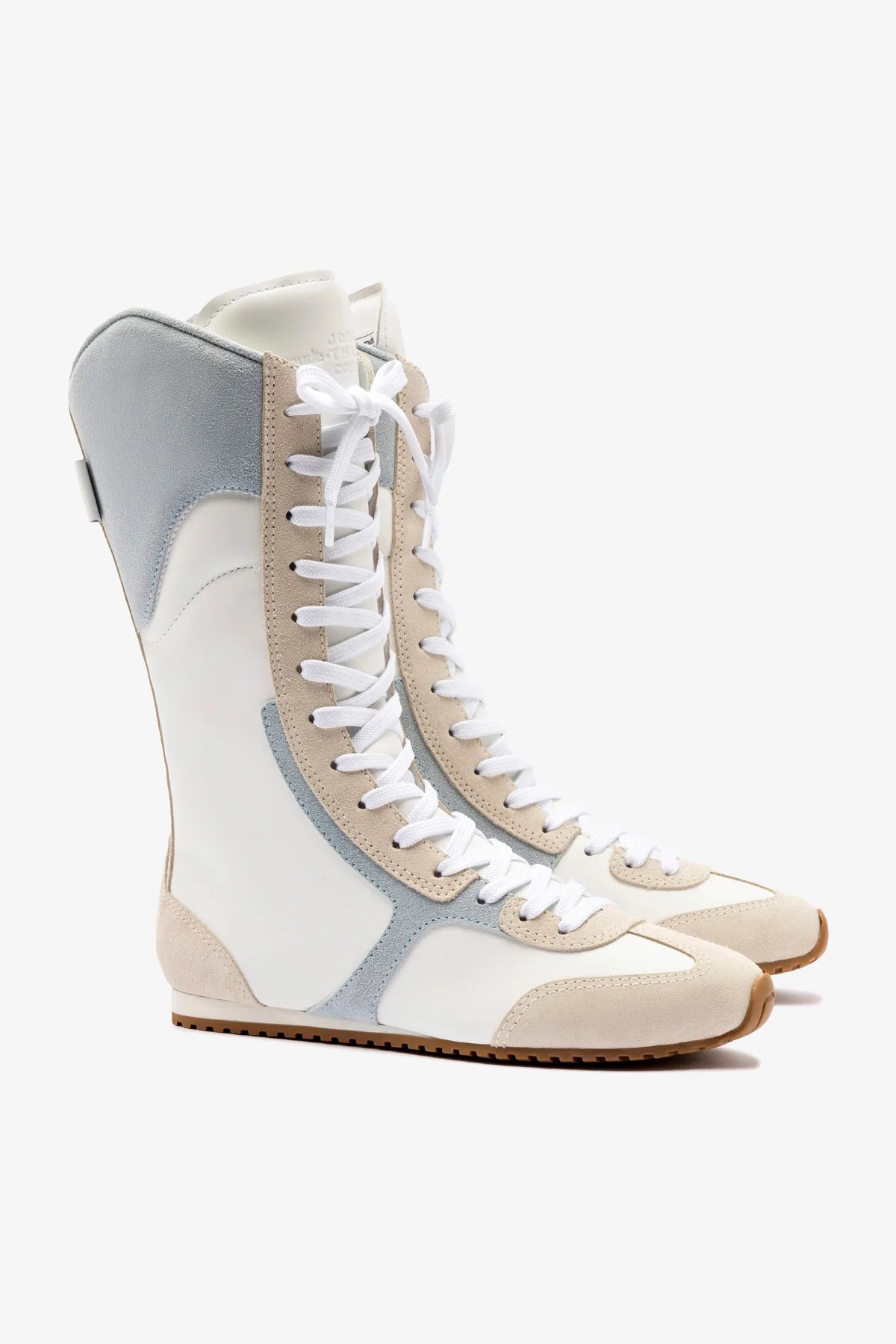 Larroudé x Jonathan Cohen Flat Lo Sneaker Boot In White Leather, Maya and Mushroom Grey Suede - Image 2