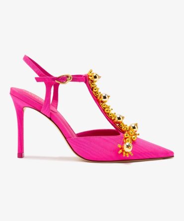 Larroudé x Libertine Pump In Magenta Fabric and Golden Balls