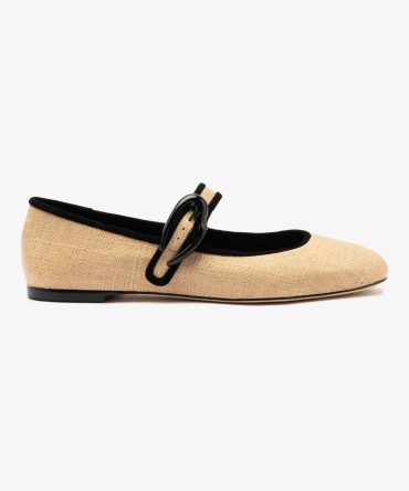 Verona Ballet Flat In Beige Raffia and Black Trimming