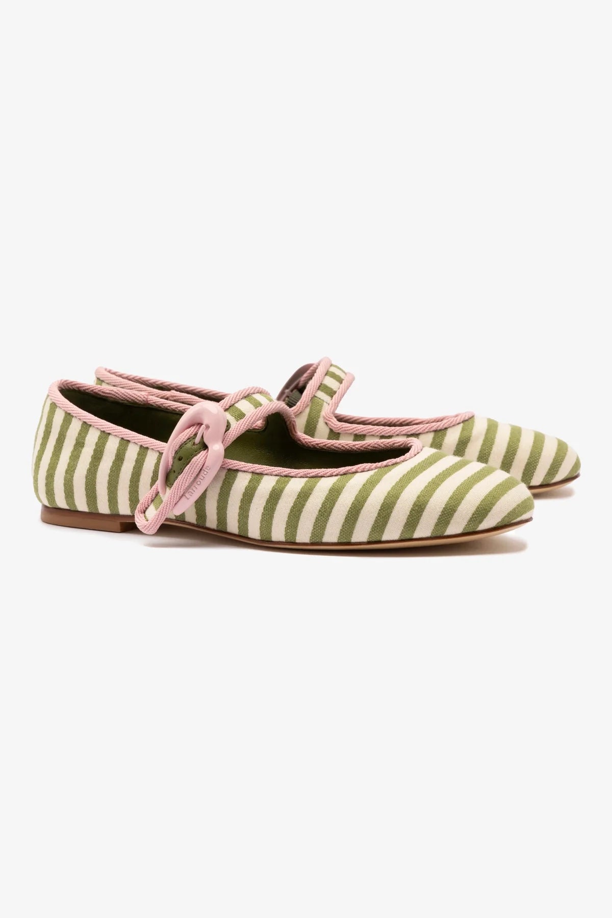 Verona Ballet Flat In Seaweed and Natural Striped Fabric and Tulip Trimming - Image 2