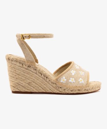 Letizia Espadrille Wedge In Raw Linen and Daisy Embroidery