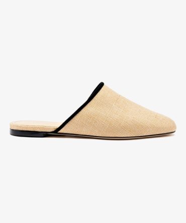 Venice Flat Mule In Beige Raffia and Black Trimming