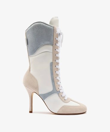 Larroudé x Jonathan Cohen High Heel Sneaker Boot In White Leather, Maya and Mushroom Grey Suede