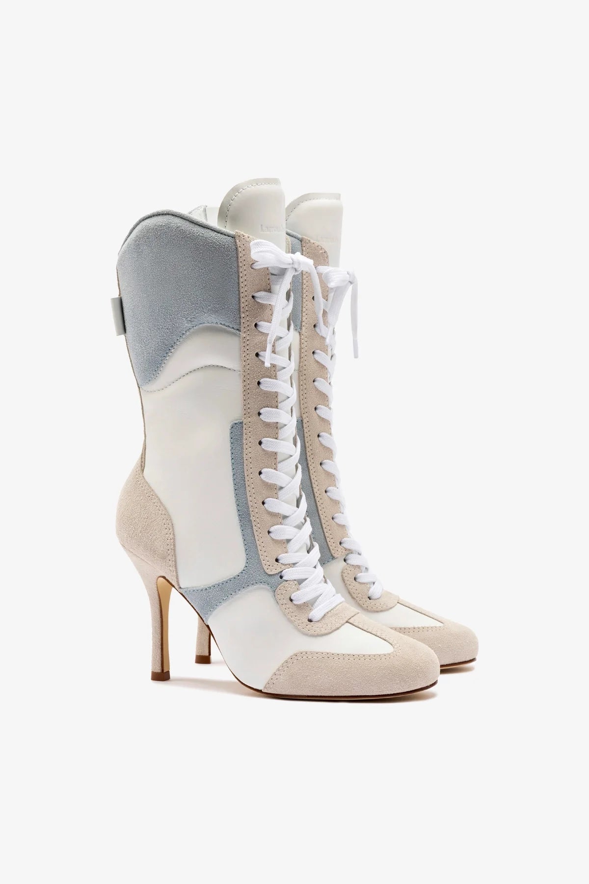 Larroudé x Jonathan Cohen High Heel Sneaker Boot In White Leather, Maya and Mushroom Grey Suede - Image 2
