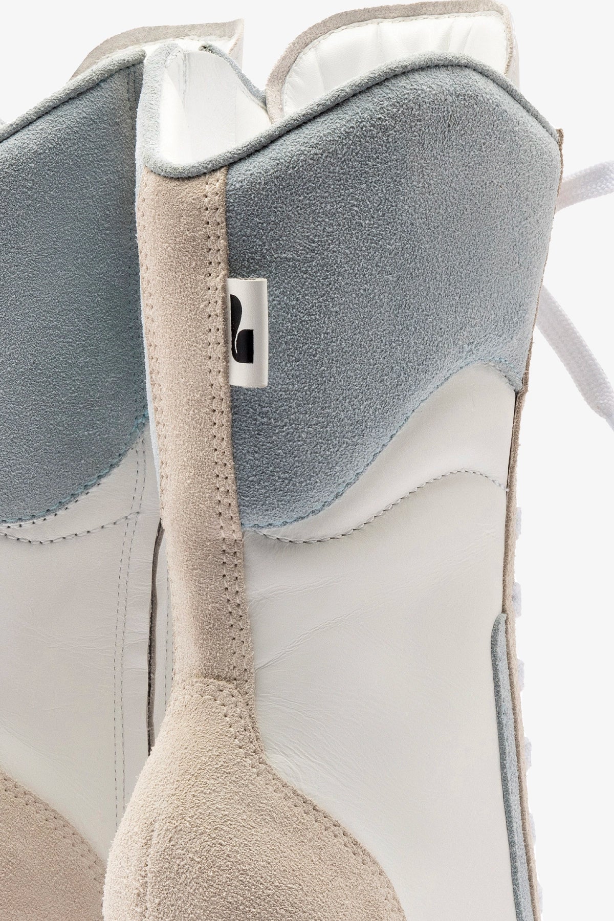 Larroudé x Jonathan Cohen High Heel Sneaker Boot In White Leather, Maya and Mushroom Grey Suede - Image 4